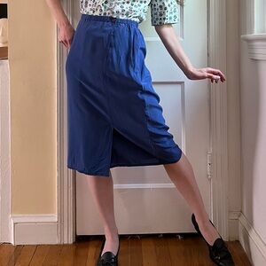 Tai 100% Silk Blue Pencil Skirt with Slit Elastic Waist Lightweight Summer